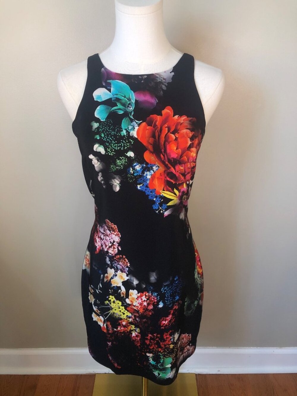Amanda Uprichard Silk Floral Mini Dress Black Multicolor Gold Zip XS/S Eclectic